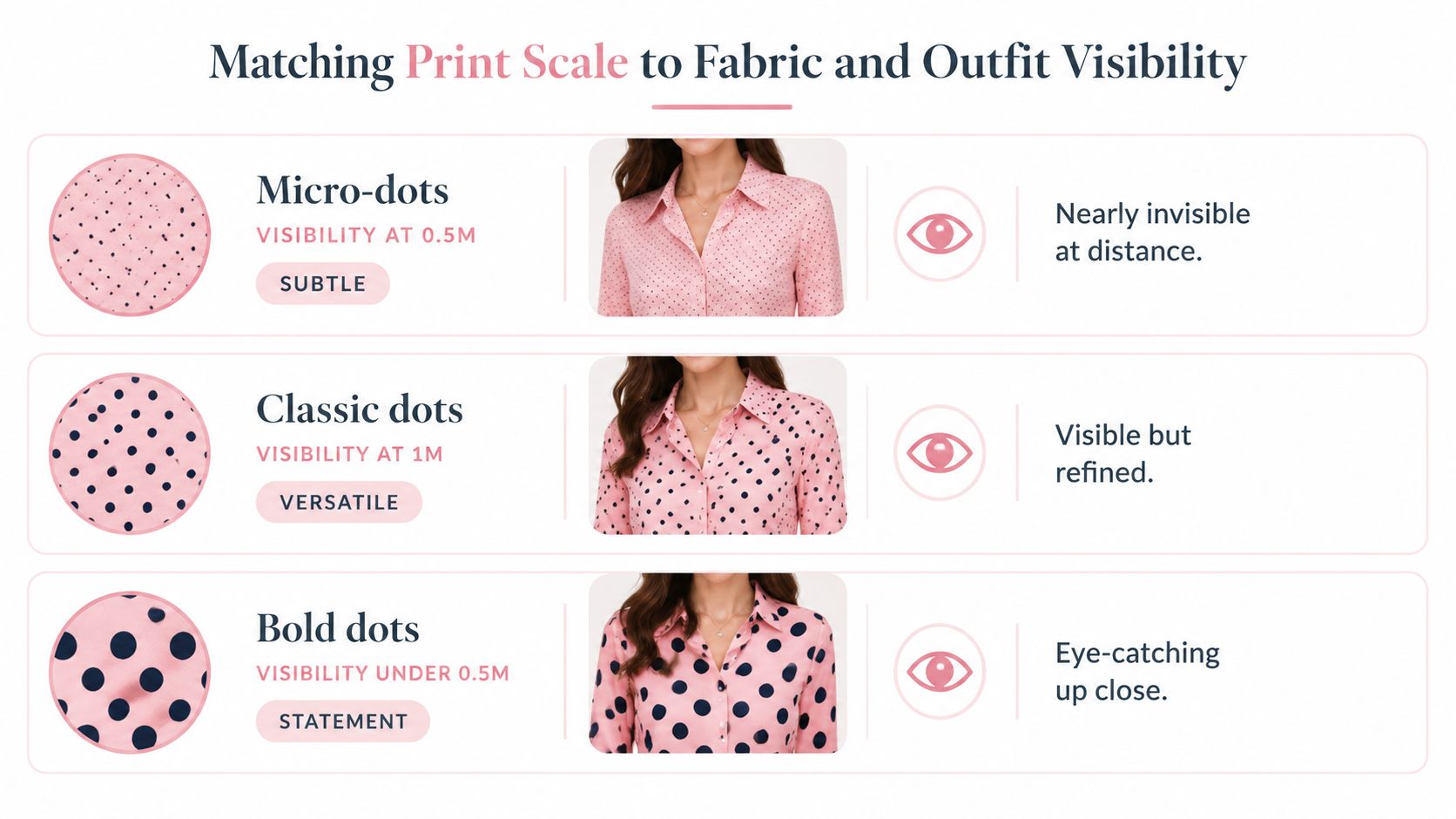 A chart illustrating how polka dot print size on fabric affects visibility at different viewing distances.