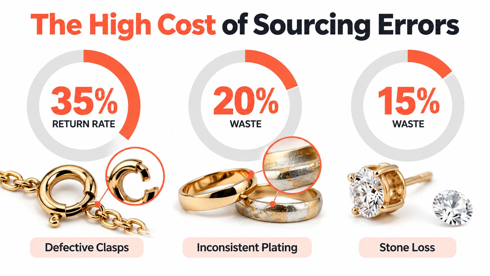 A graphic showing jewelry quality issues including defective clasps, inconsistent plating, and stone loss with associated percentages.