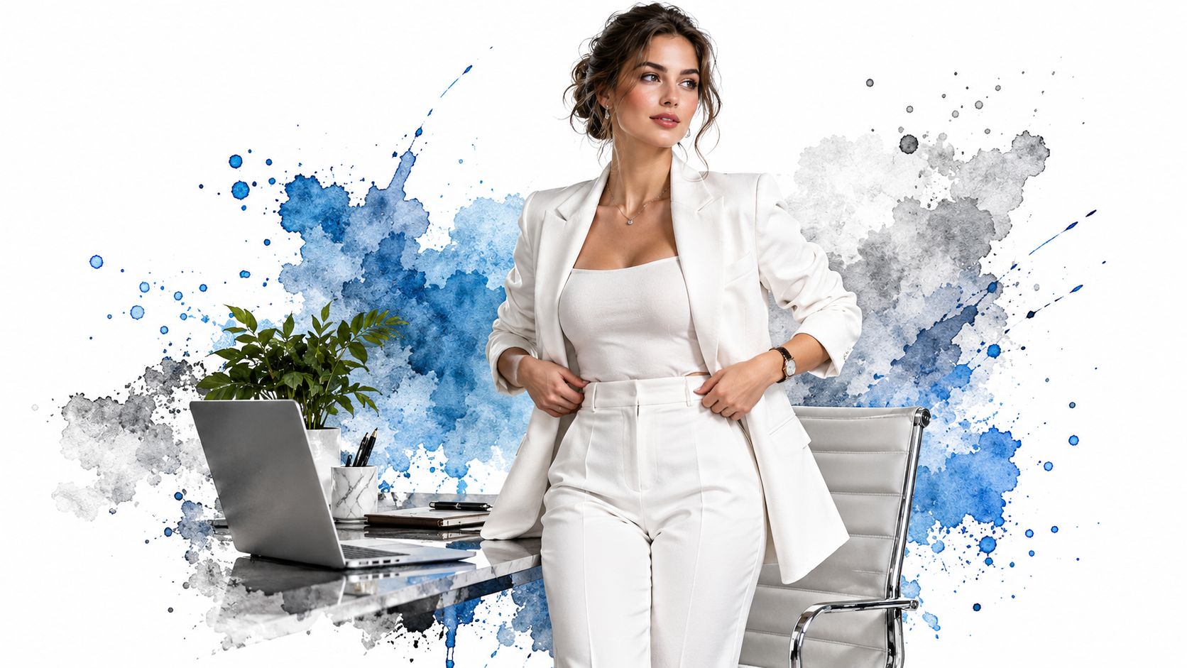 A professional woman in a white suit standing by her desk with a laptop and artistic watercolor background.