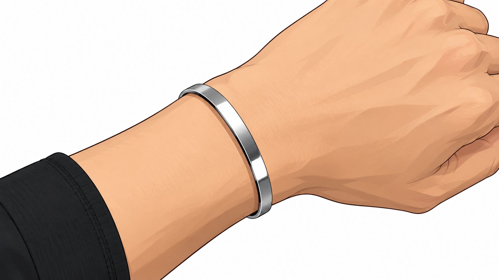A close up view of a person's wrist wearing a polished, minimalist stainless steel cuff bracelet.