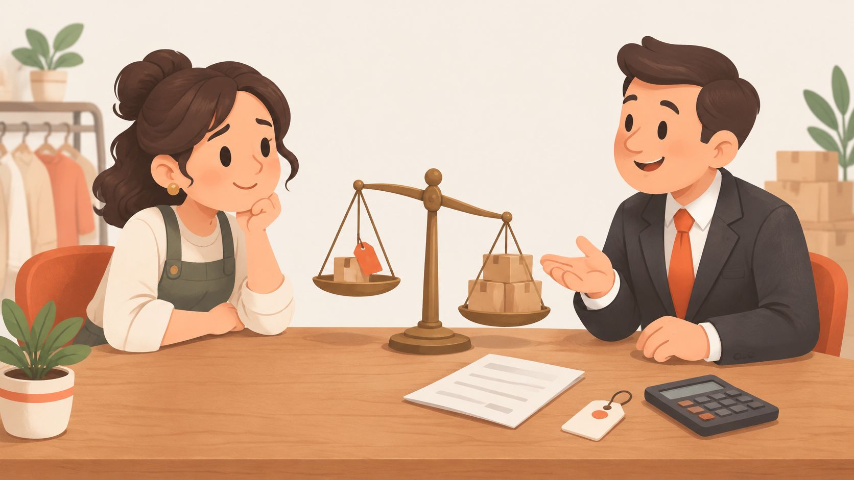 A woman and a businessman sit at a table comparing small packages on a balance scale.