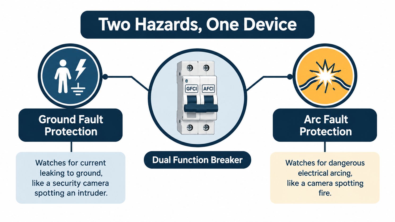 A diagram illustrating a dual function breaker providing both ground fault and arc fault electrical protection.