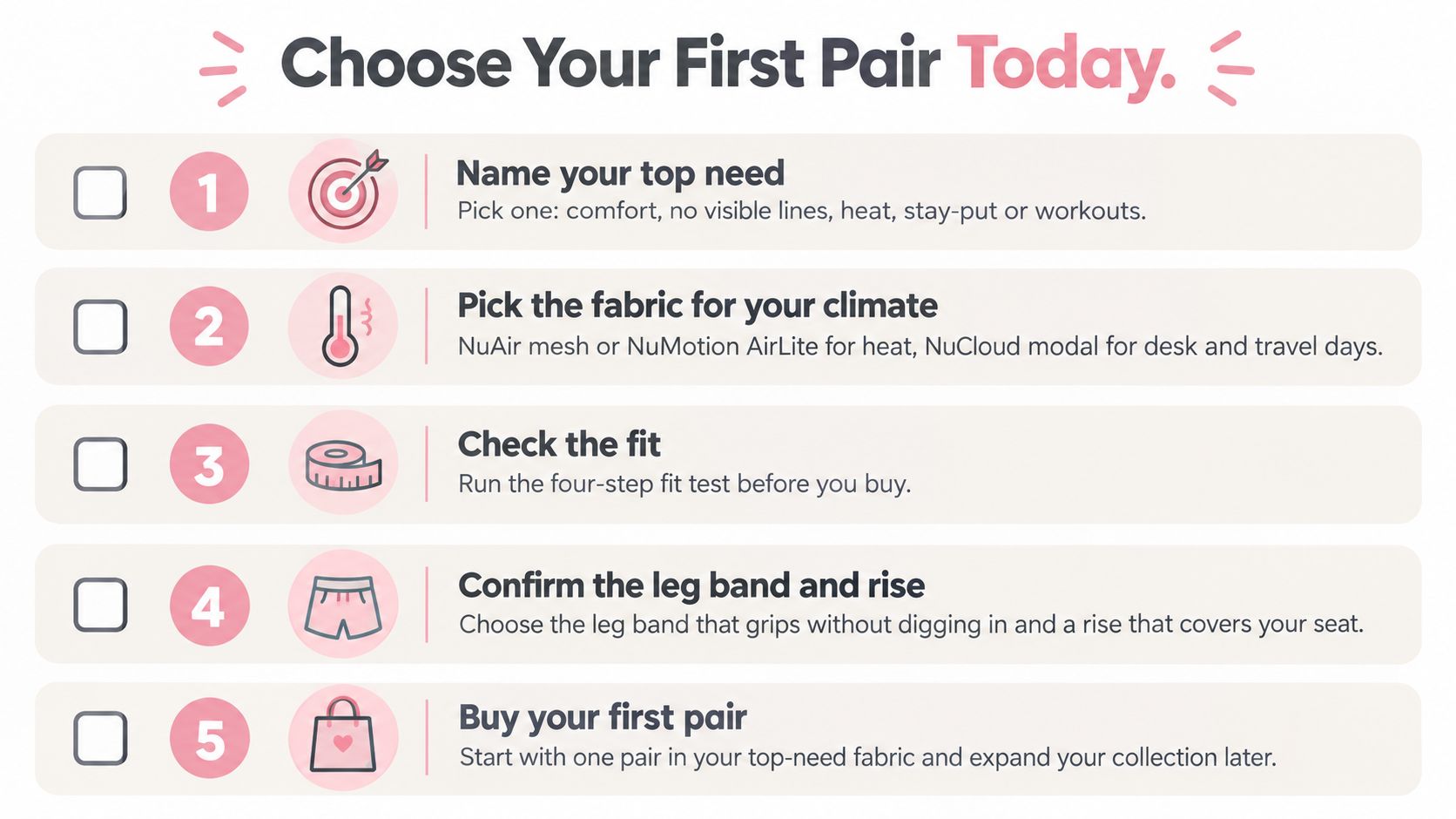 A checklist of five steps to guide customers in choosing the perfect pair of women's boy shorts.