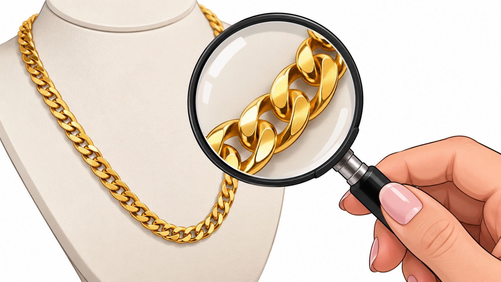 A hand holding a magnifying glass over a gold cuban link necklace on a jewelry display bust.