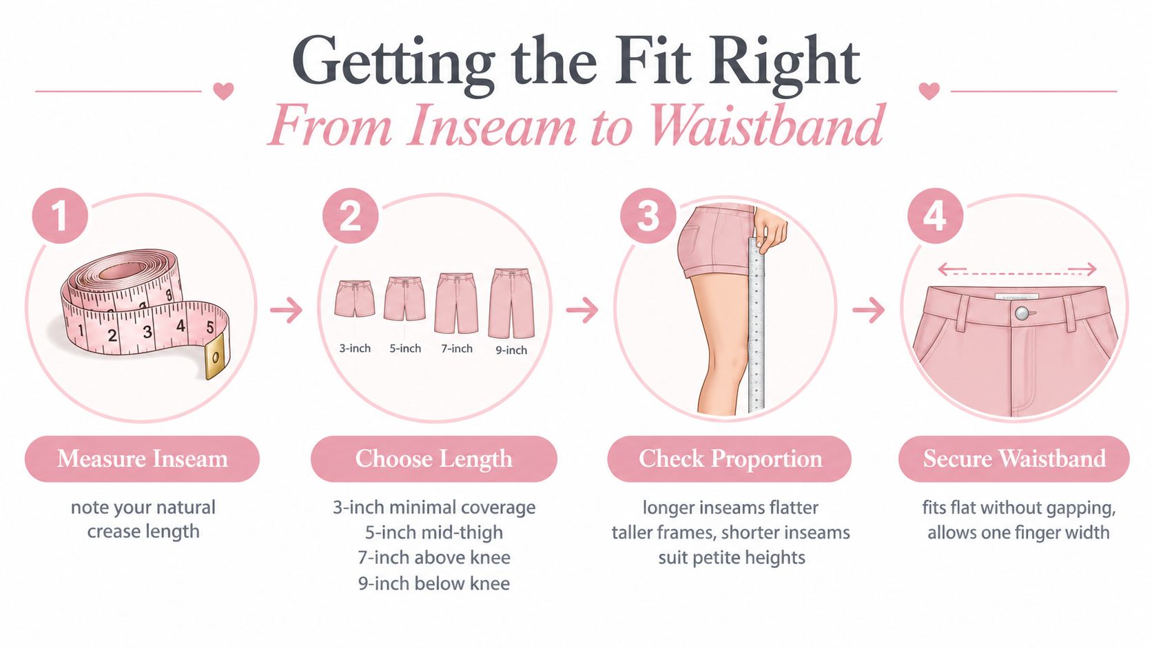 A four-step infographic illustrating how to correctly measure and select the right fit for women's shorts.