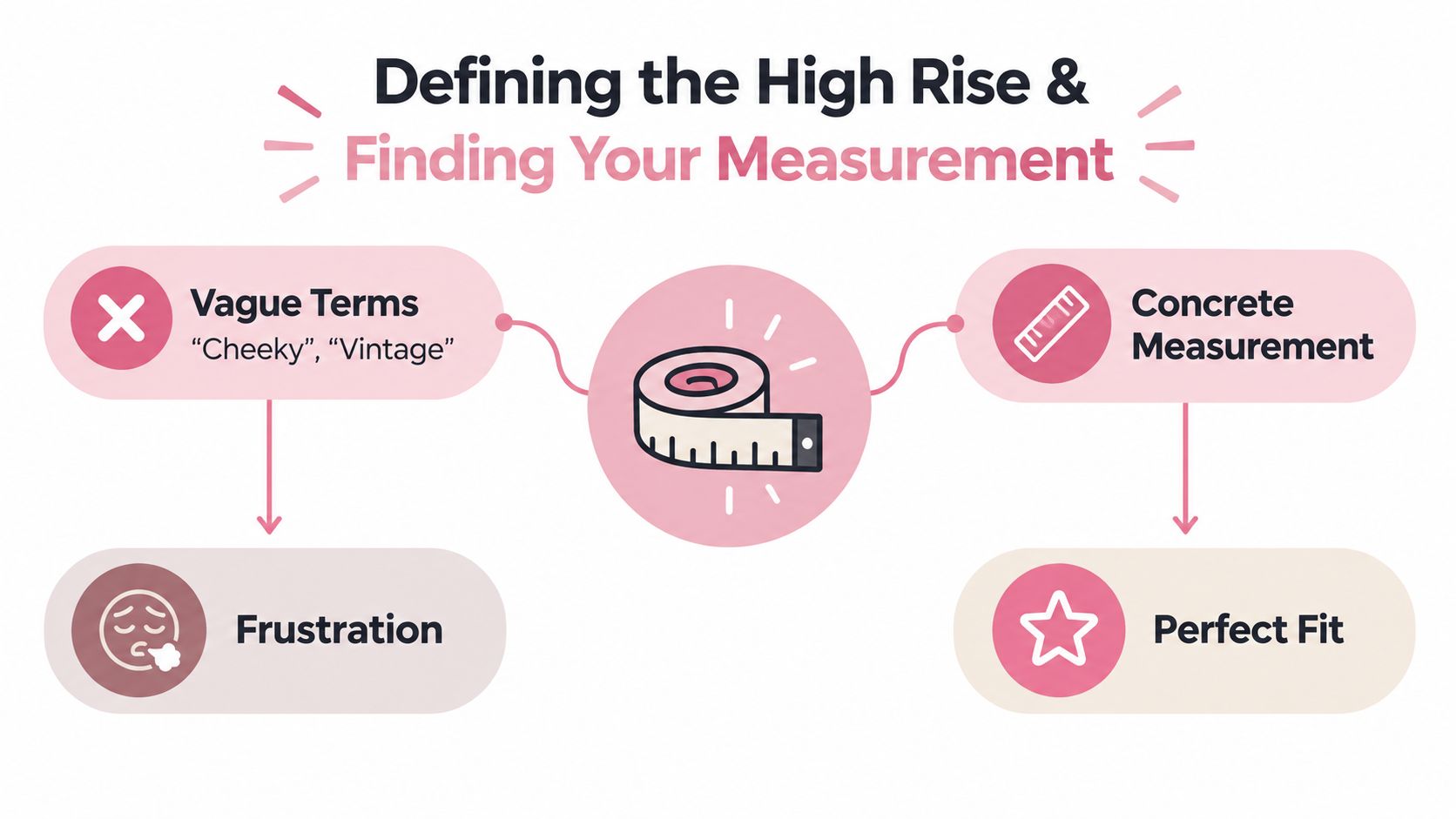 A visual guide illustrating the difference between vague sizing terms versus concrete measurements for high rise clothing.