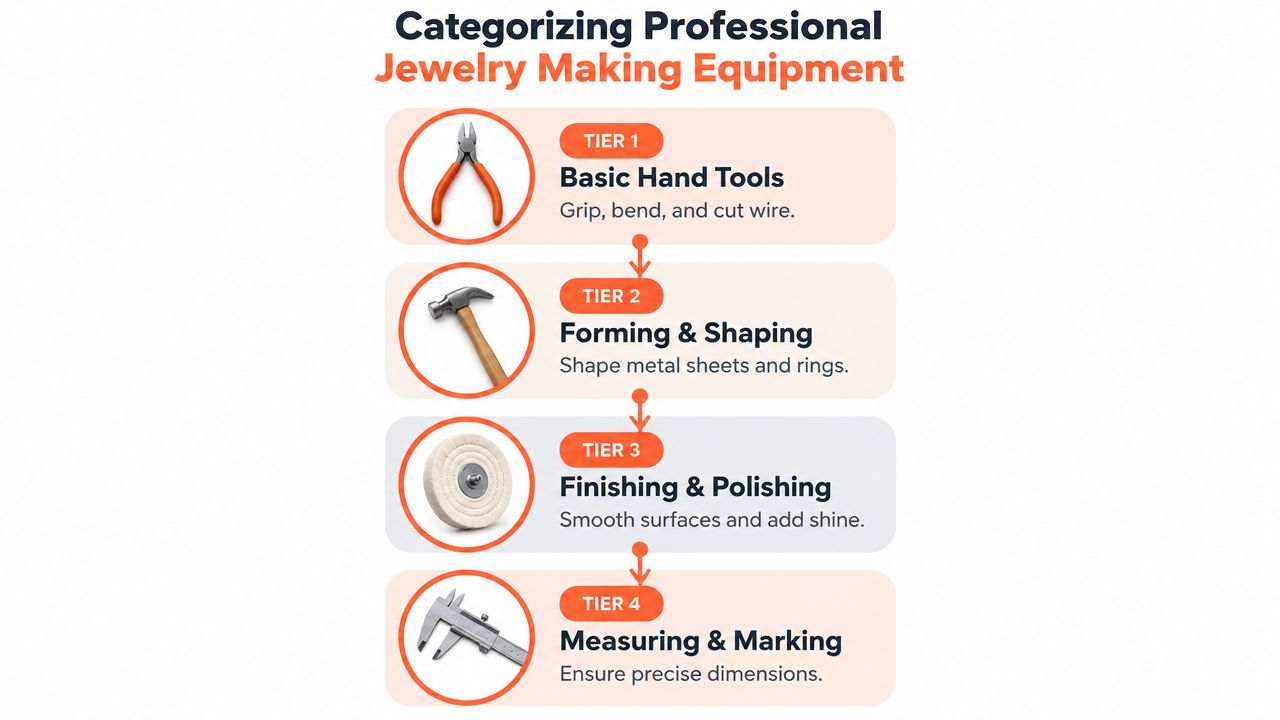 An infographic titled Categorizing Professional Jewelry Making Equipment, listing four tiers of tools with descriptions and icons.