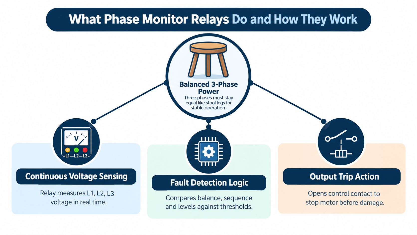 An infographic explaining how phase monitor relays protect 3-phase power systems through sensing, logic, and tripping.