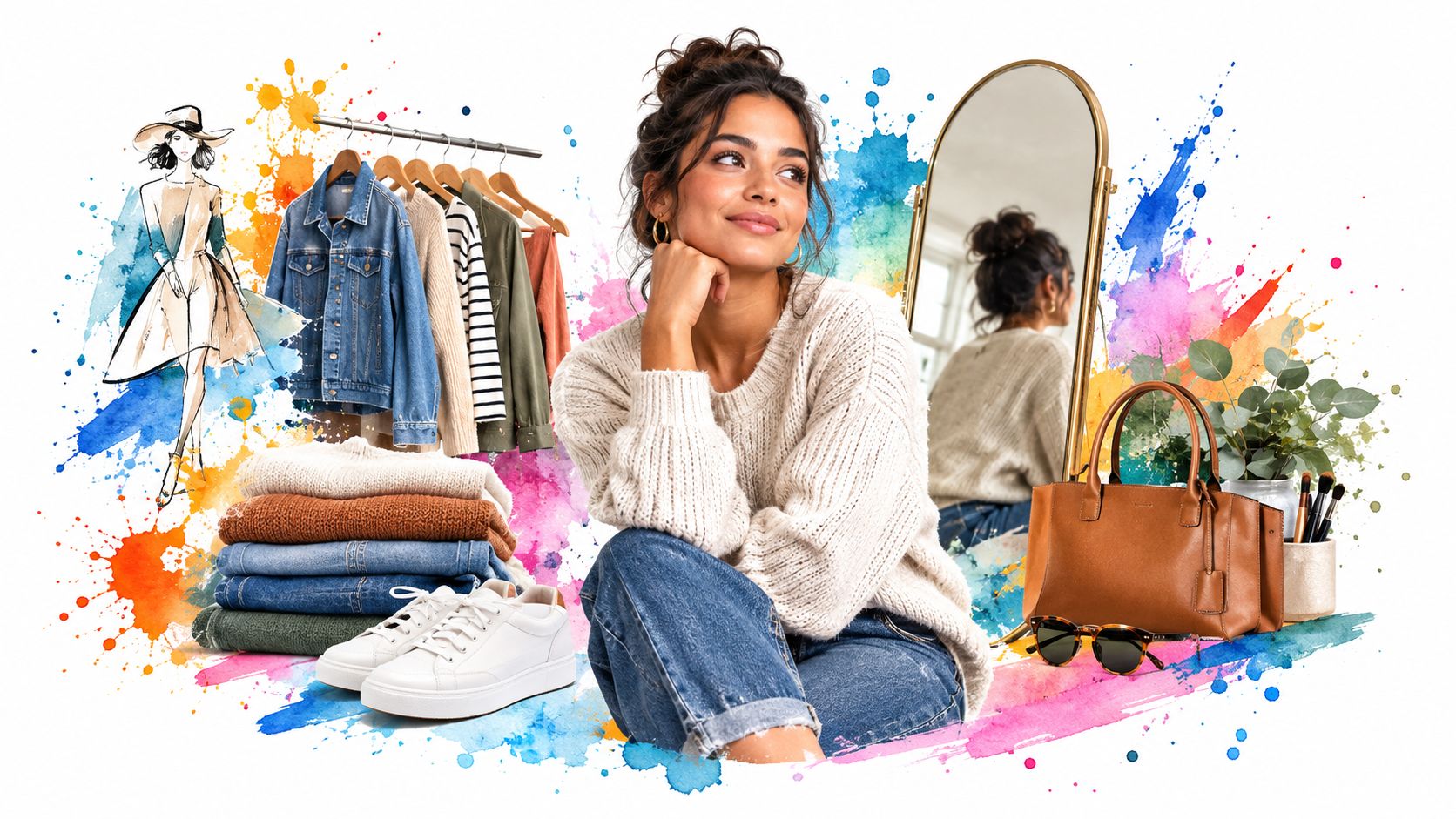 A woman posing with clothes, shoes, and accessories against a colorful artistic watercolor-splattered background.