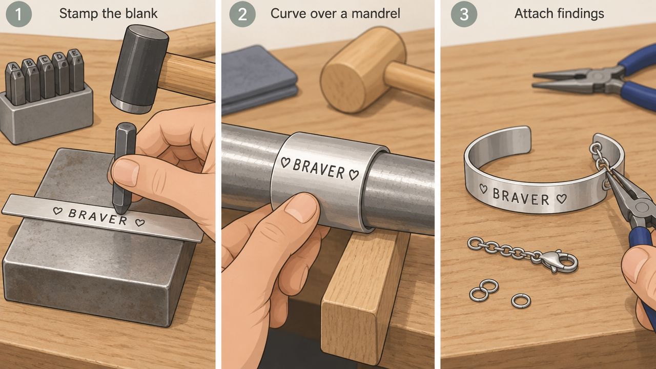A three-step illustration showing how to make a custom metal stamped cuff bracelet.