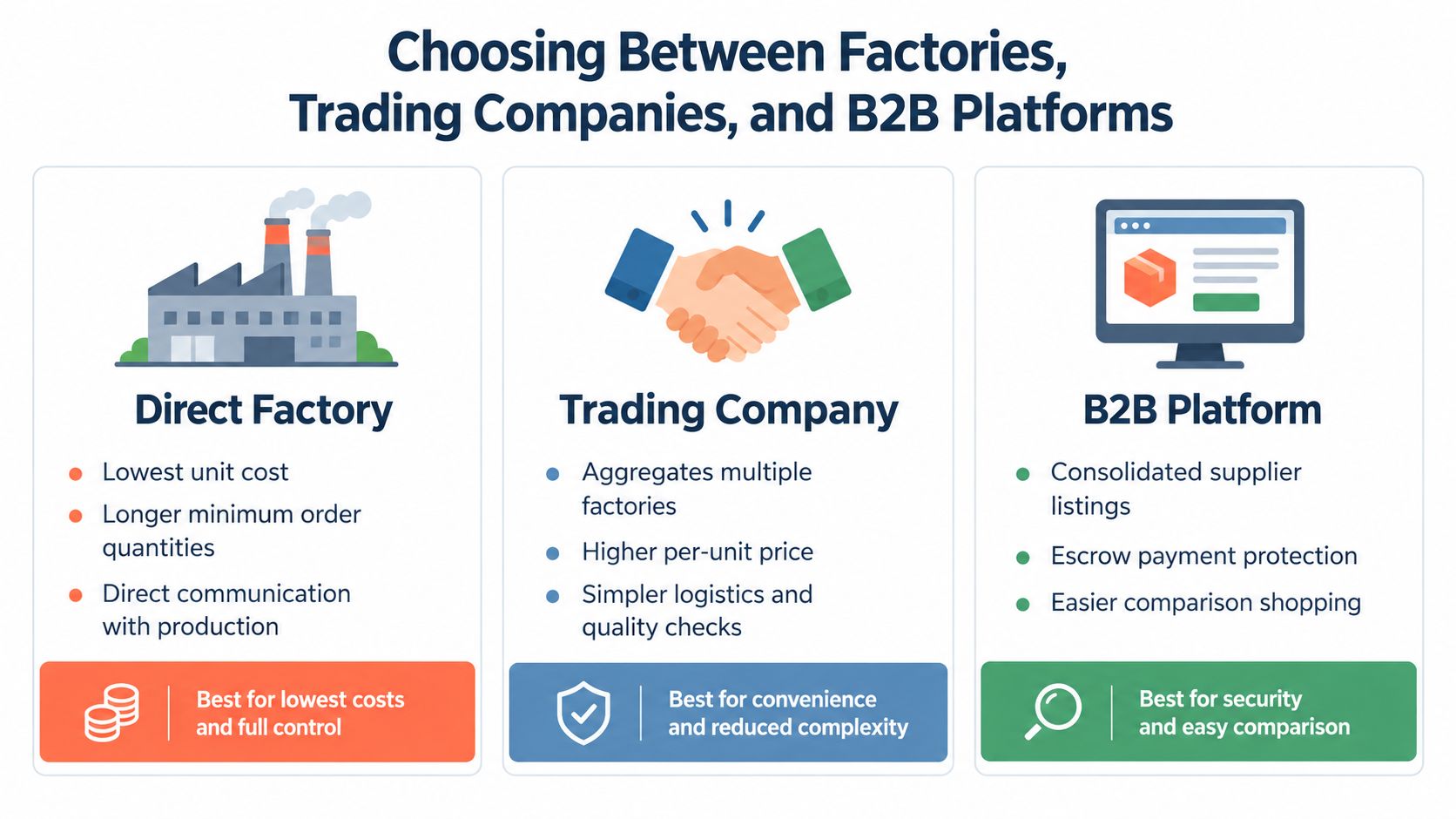 A comparison chart showing the pros and cons of using direct factories, trading companies, and B2B platforms.