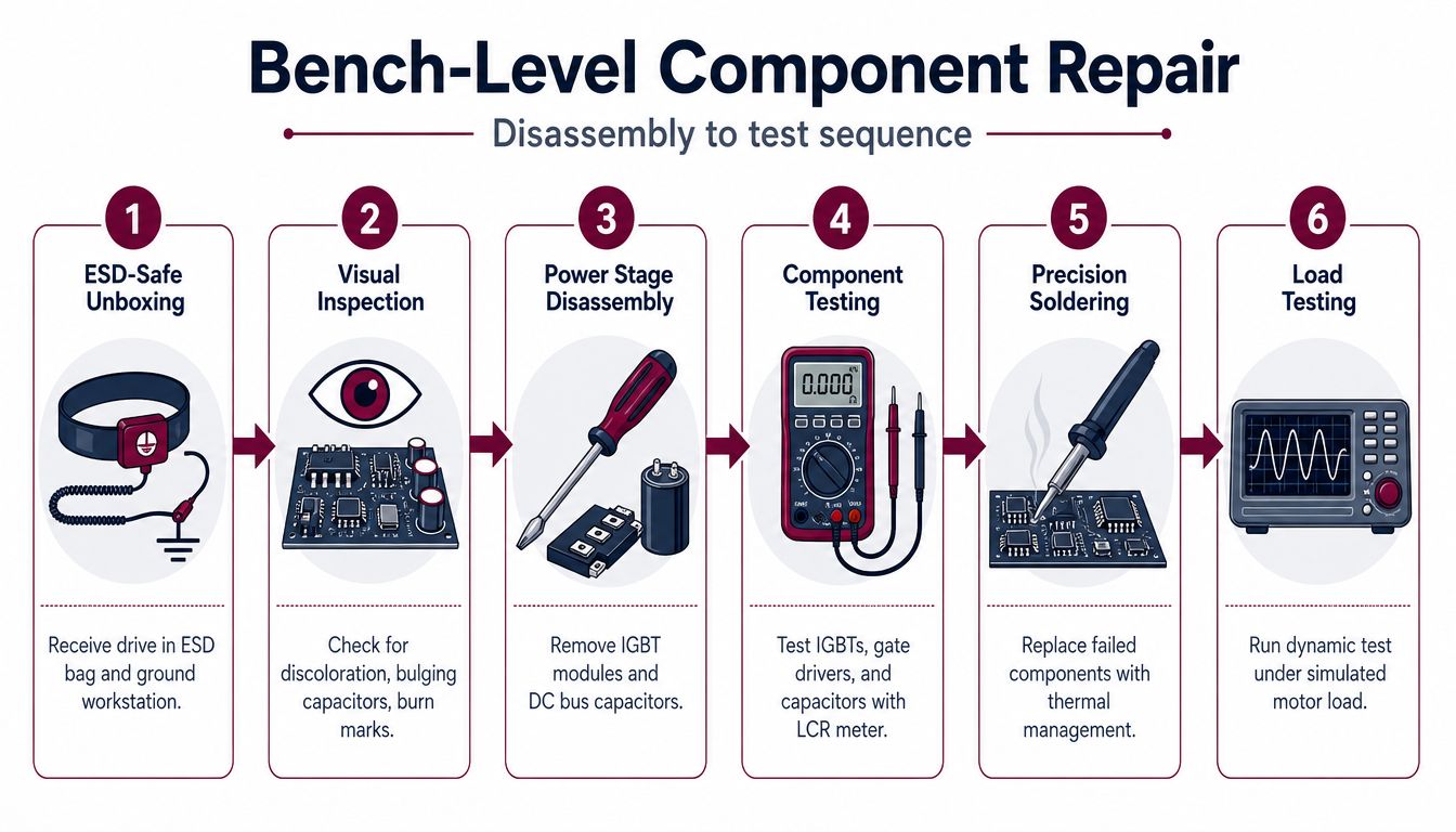 A flow chart illustrating a six-step process for bench-level component repair of industrial motor drives.