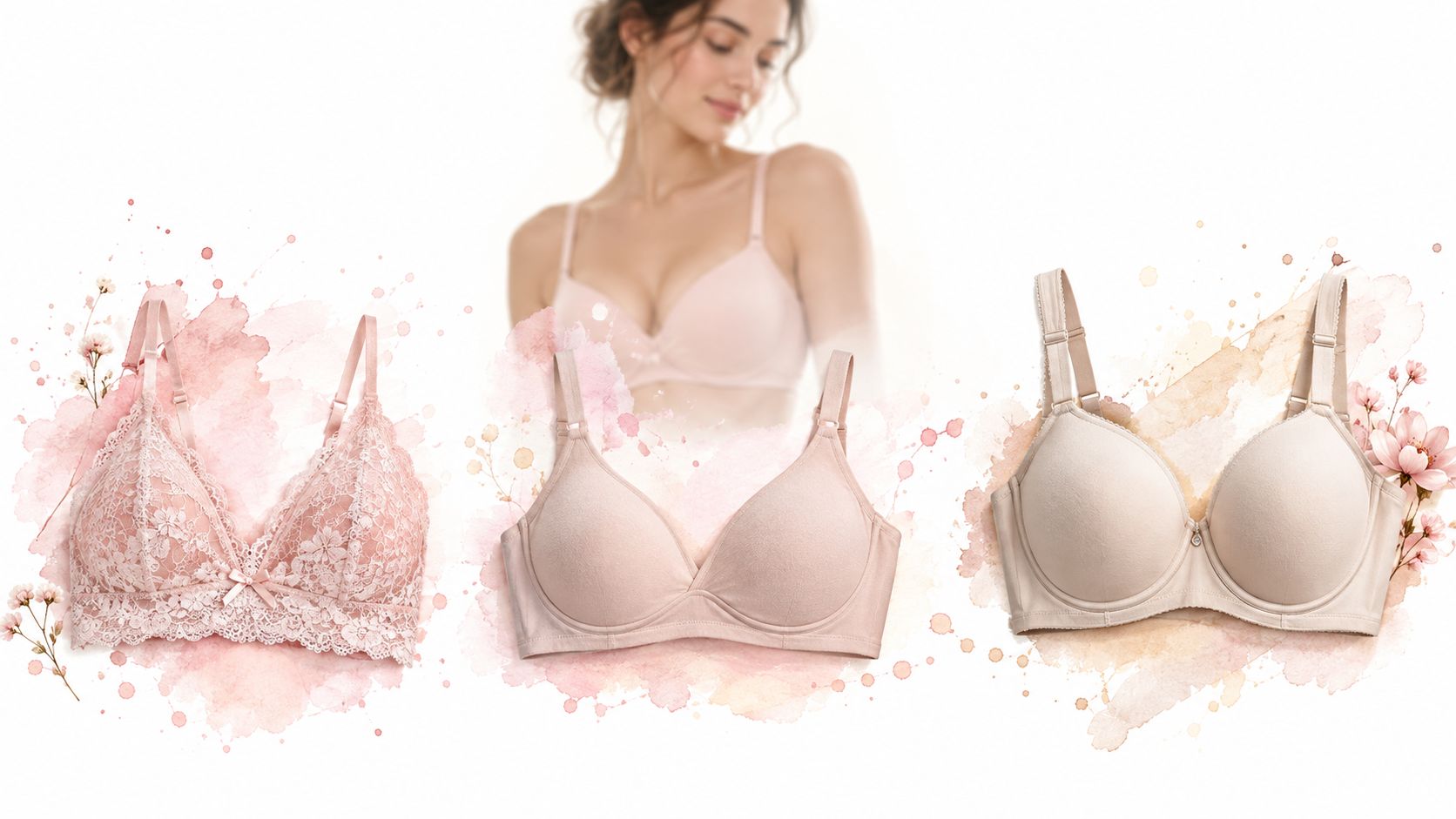 Three different styles of comfortable everyday bras displayed against a soft, decorative watercolor background with flowers.