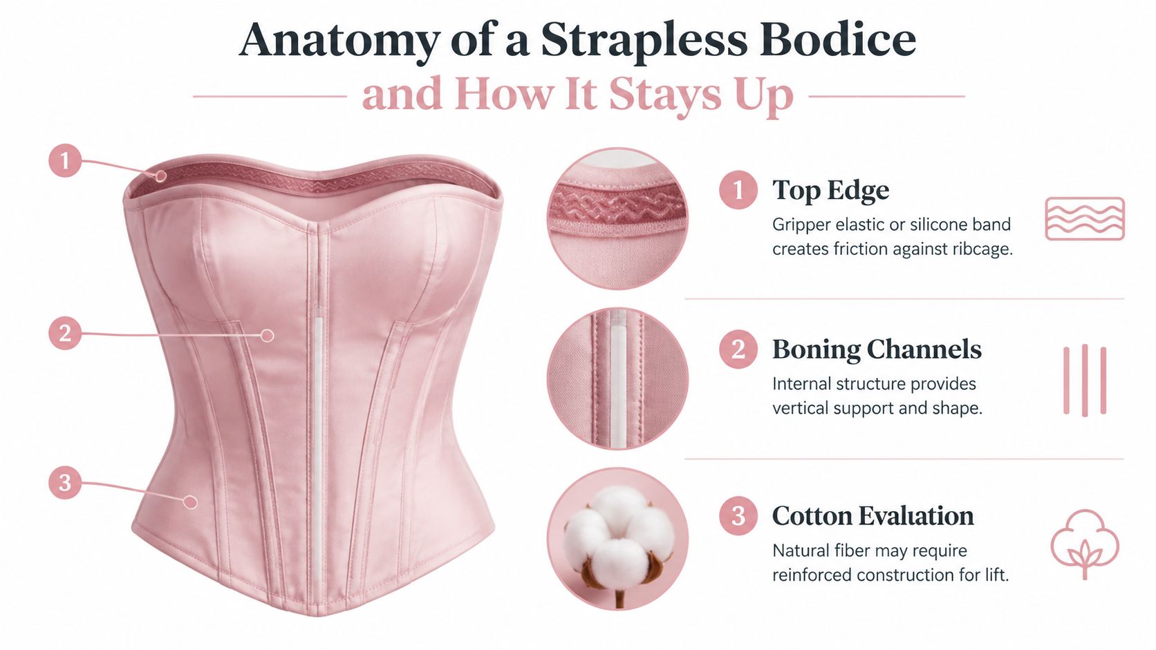 A diagram illustrating the anatomy of a strapless bodice with labeled features including top edge, boning channels, and cotton.
