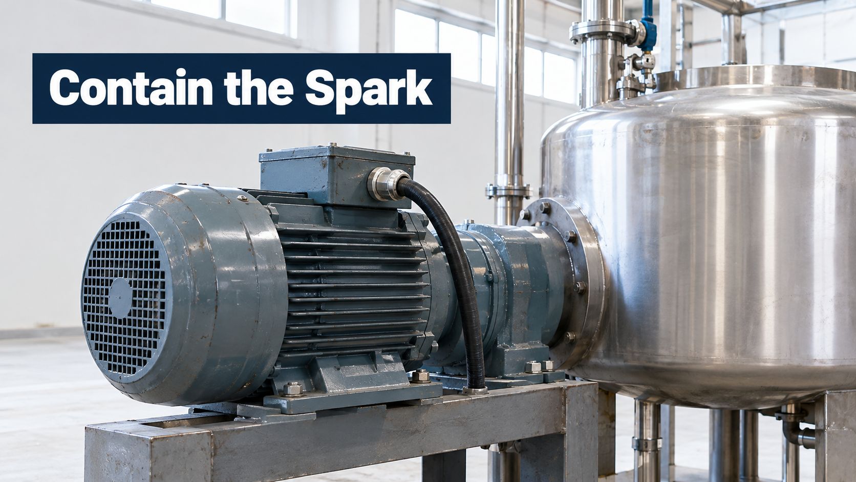A close-up view of an industrial electric motor connected to a large stainless steel manufacturing tank vessel.