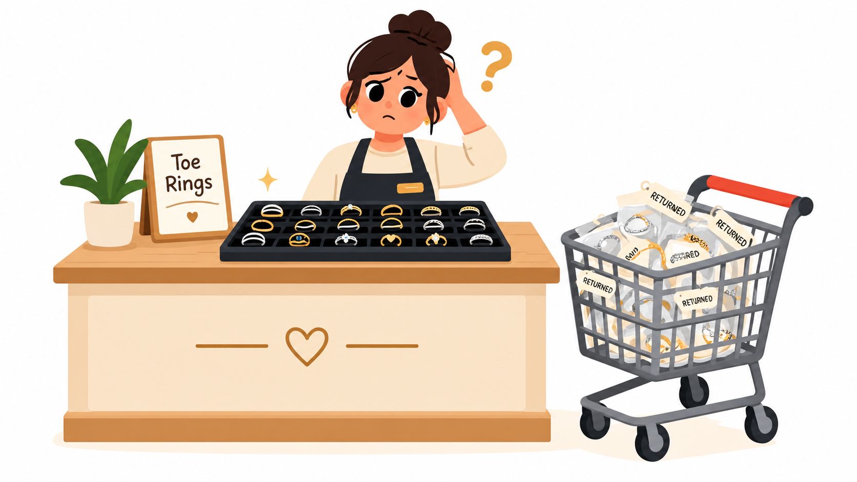 A confused shop owner looking at a shopping cart full of returned toe rings in a store.