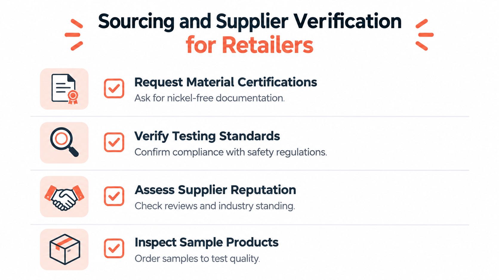 A list of four essential steps for retailers to perform sourcing and supplier verification for product safety.
