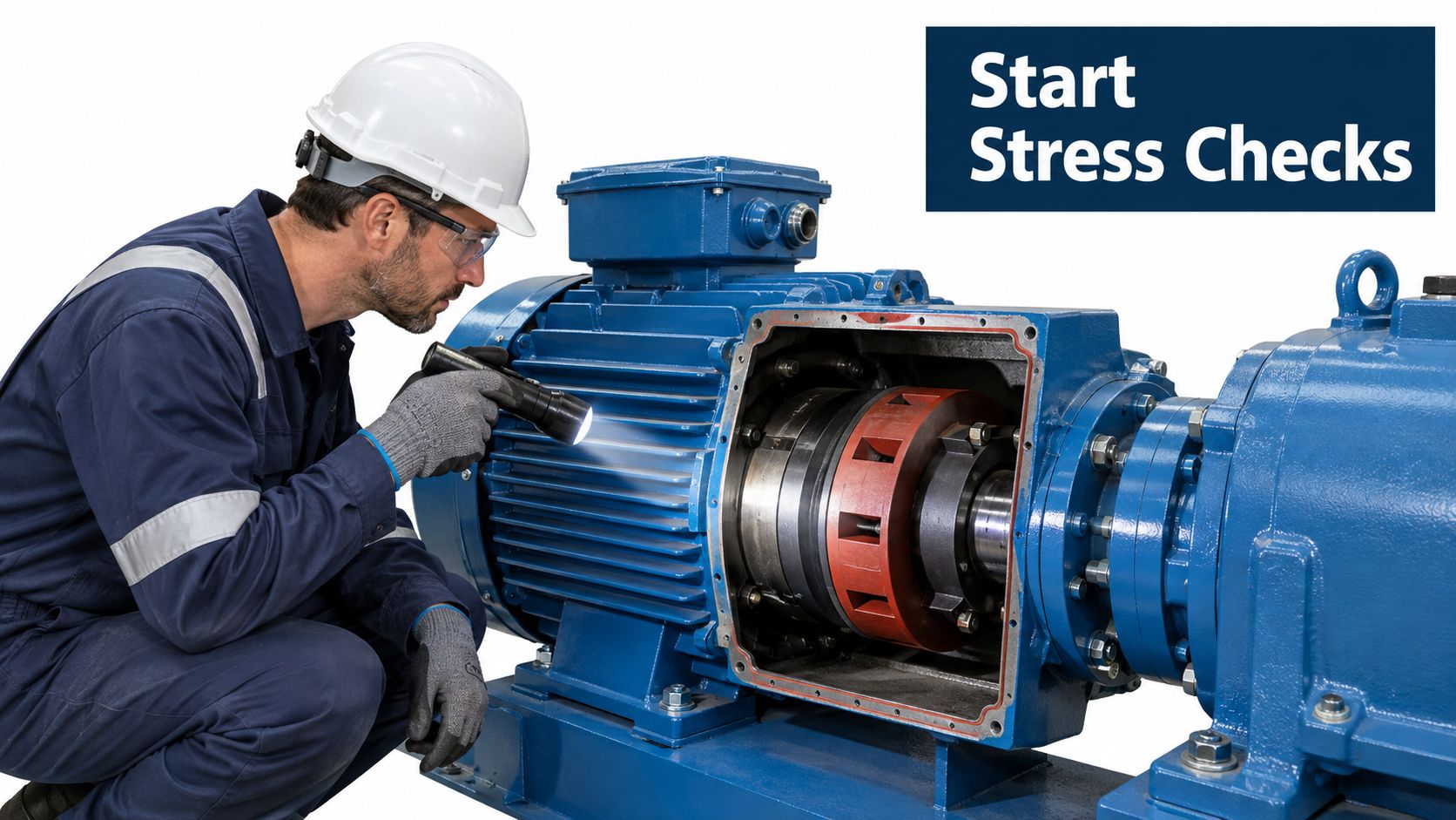 A technician wearing a hard hat and gloves inspects the internal components of a large industrial motor.
