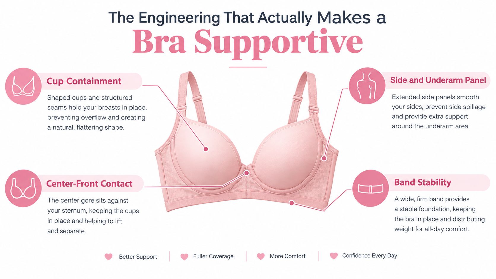 A diagram illustrating the engineering components of a supportive bra, focusing on fit, stability, and comfort features.