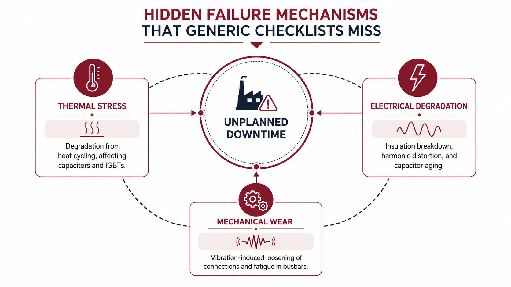 A diagram illustrating three hidden failure mechanisms that cause unplanned downtime in industrial electrical systems.