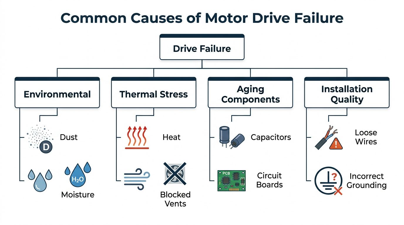 A diagram illustrating the four main common causes of motor drive failure: environmental, thermal stress, aging components, and installation quality.