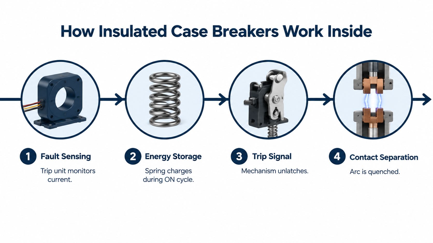 A four-step diagram illustrating the internal operation process of an insulated case circuit breaker.