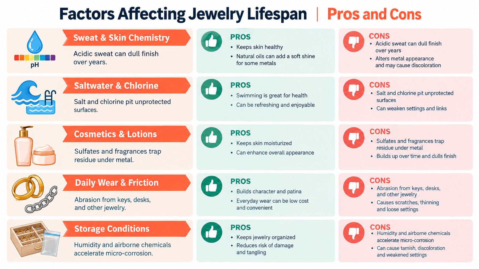 An infographic detailing various environmental factors that impact the lifespan, maintenance, and quality of jewelry over time.