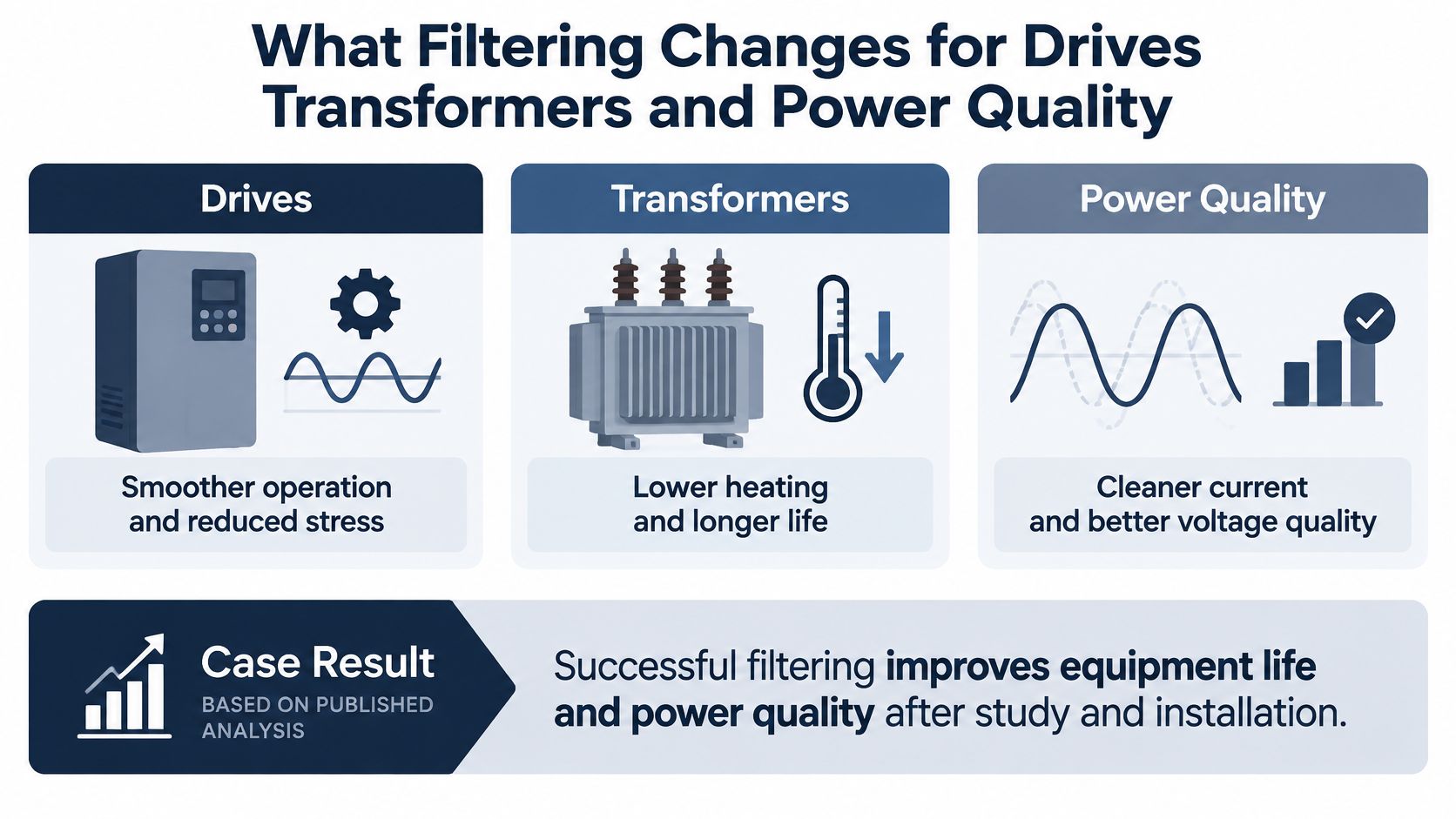 An infographic illustrating how harmonic filtering benefits VFD drives, transformers, and overall electrical power quality performance.