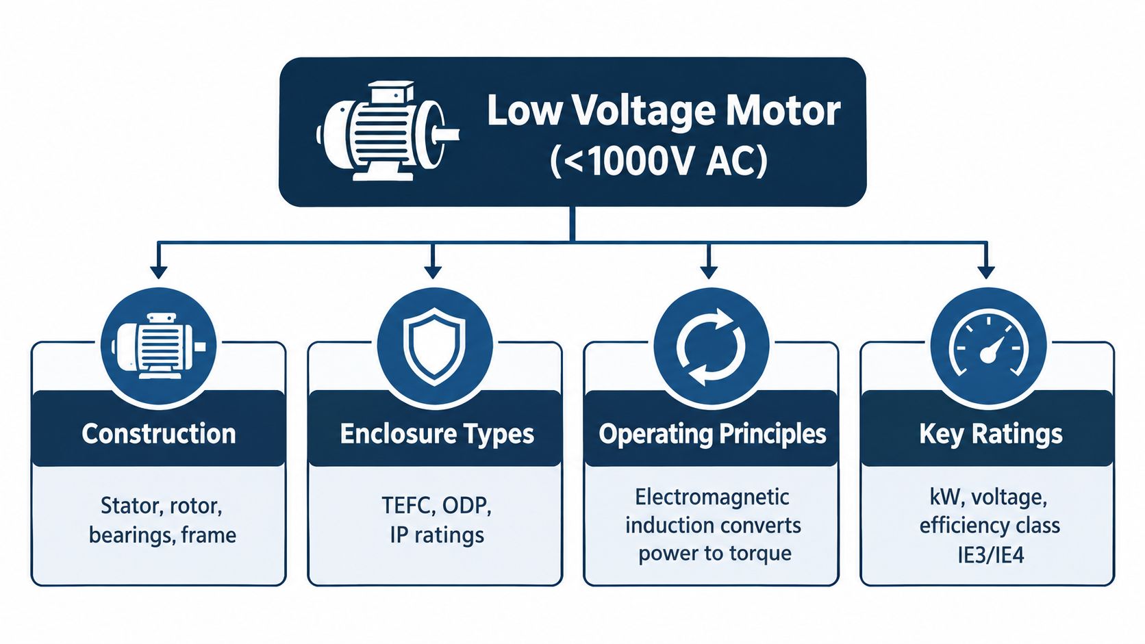 A diagram illustrating the main components, enclosure types, operating principles, and key ratings of low voltage motors.