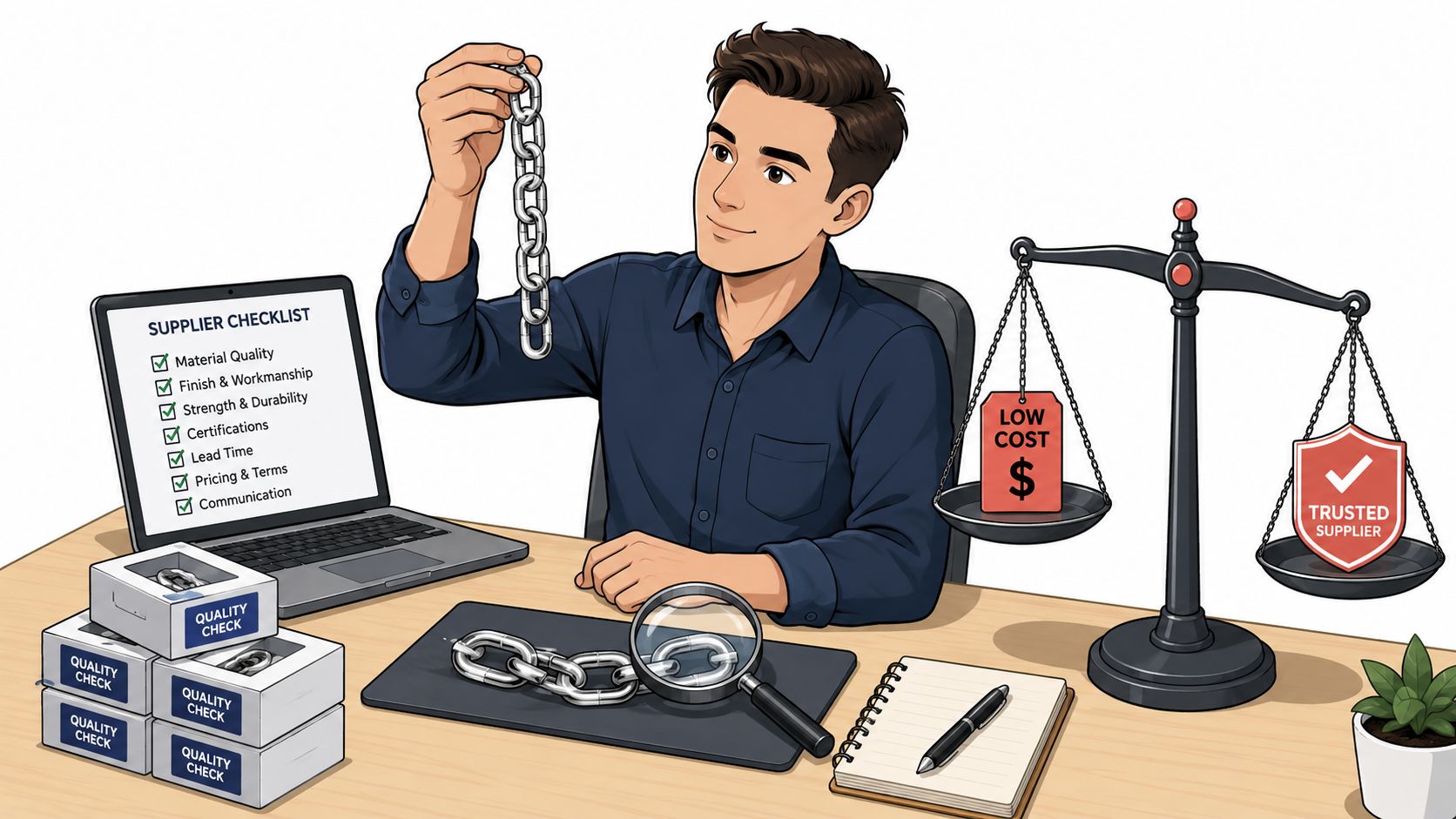 A professional quality controller examining a stainless steel chain with a magnifying glass at a desk.