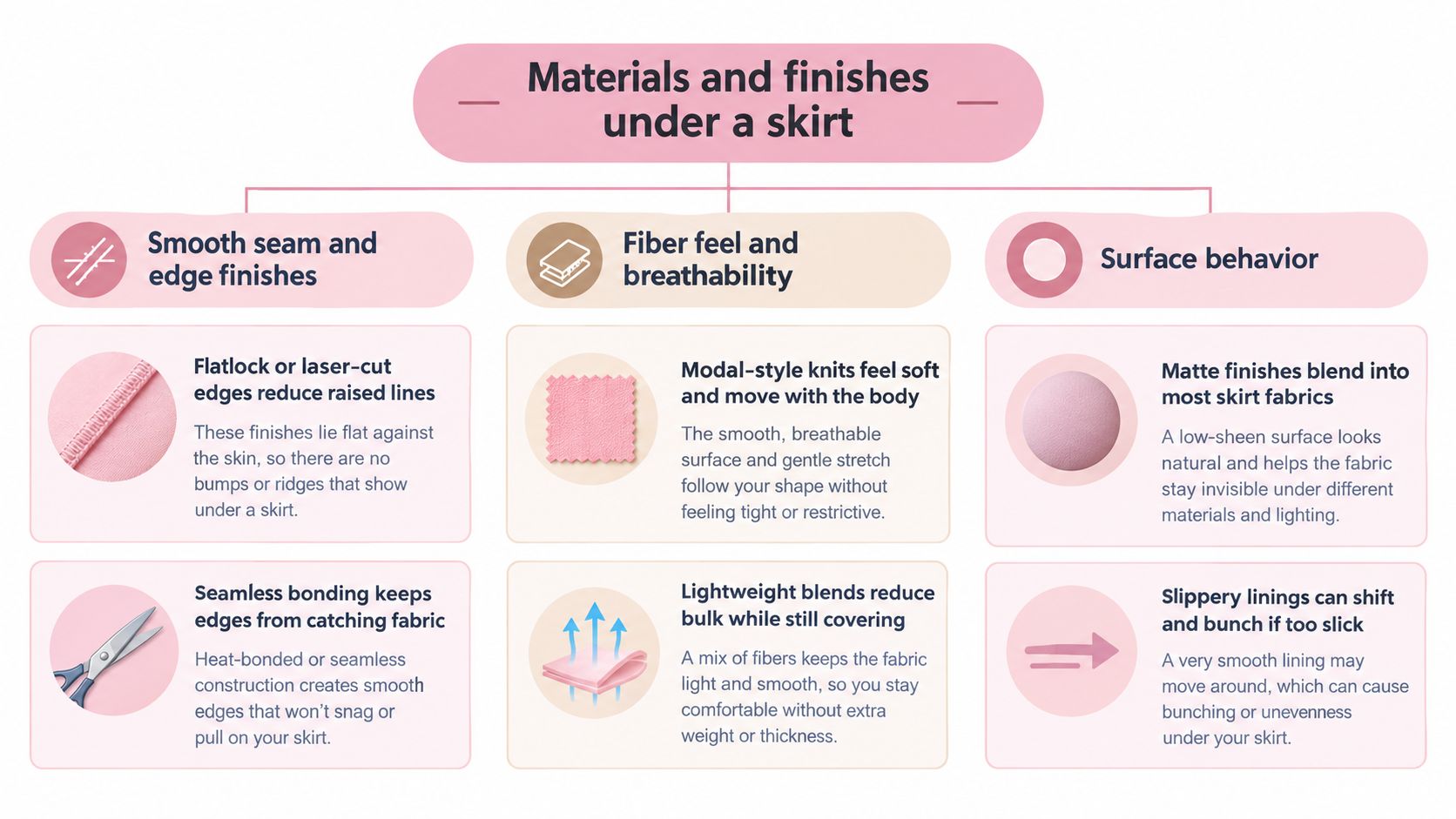 An infographic showing fabric material and design considerations for comfortable and invisible underwear worn under skirts.
