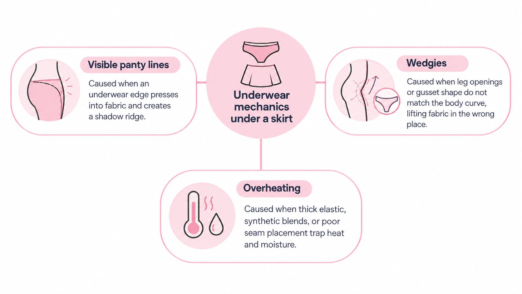 A diagram explaining common underwear problems like visible panty lines, wedgies, and overheating when wearing a skirt.