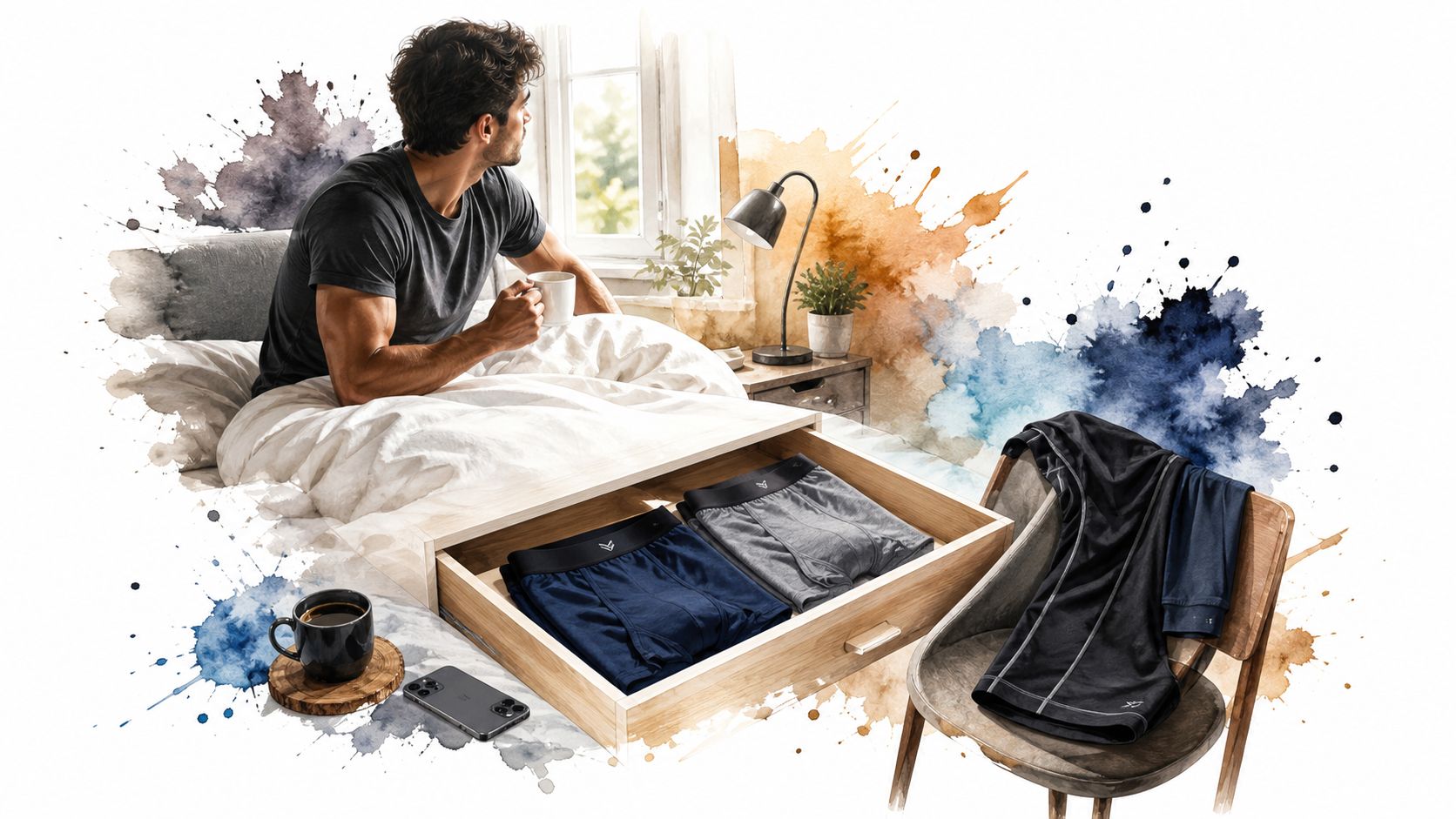 A man sits in bed with coffee beside an open drawer containing organized mens underwear and briefs.