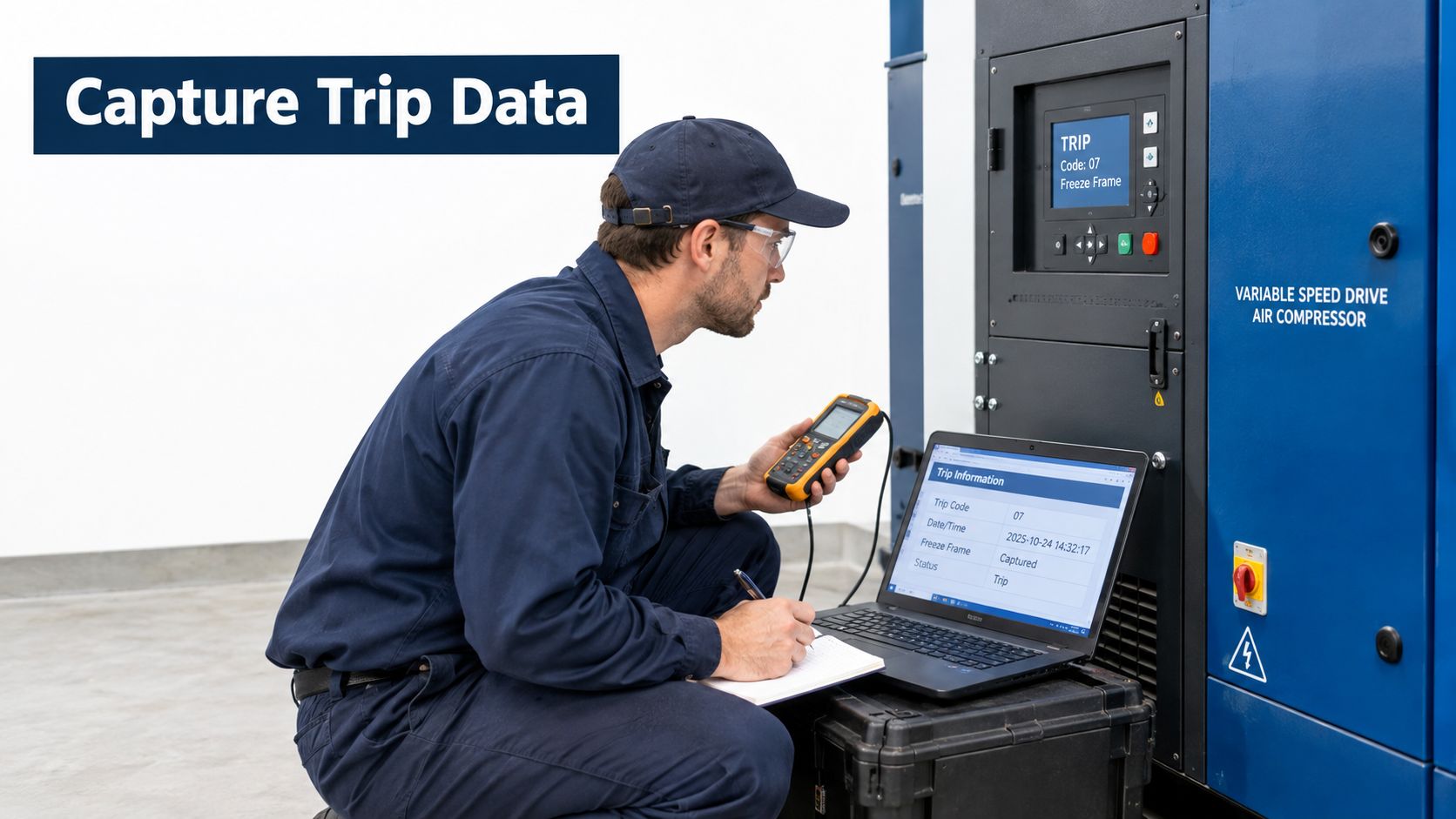 A technician wearing safety glasses uses a multimeter and laptop to record data from an air compressor.