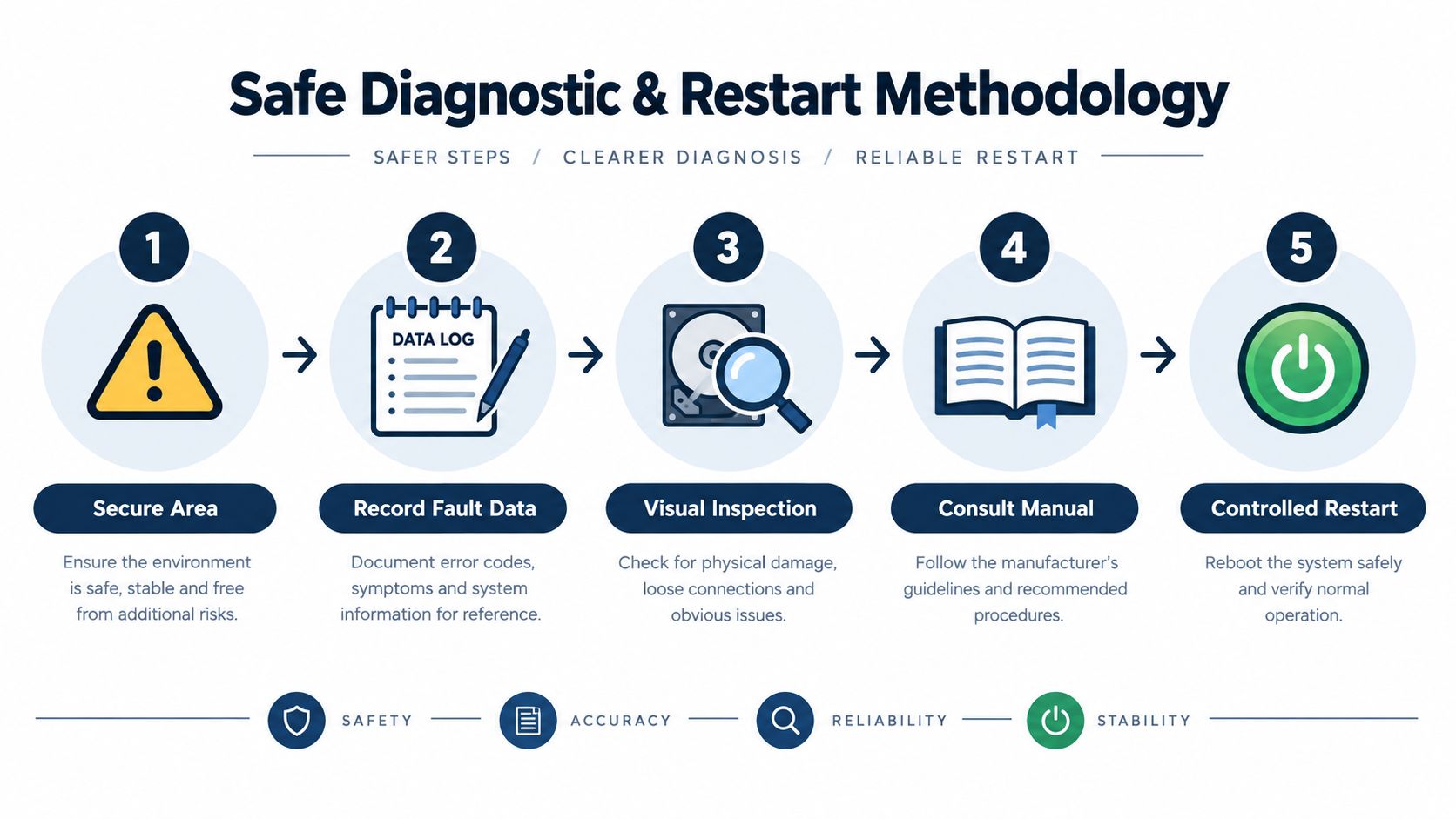 A five-step infographic illustrating a safe diagnostic and restart methodology for technical equipment troubleshooting.