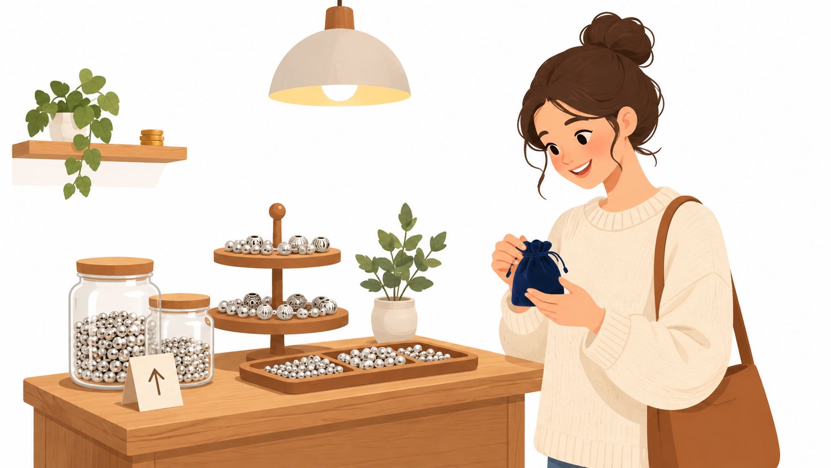 A young woman shopping for bulk sterling silver beads at a table with various containers and displays.