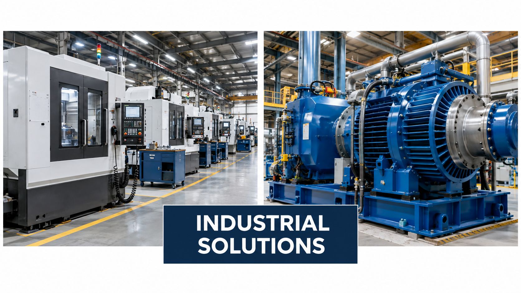 A dual-view industrial facility showing a production floor with CNC machines and a large industrial motor drive.