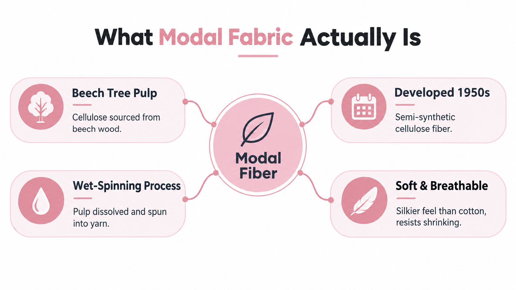An infographic explaining that modal fabric is made from beech tree pulp, soft, breathable, and developed in the 1950s.