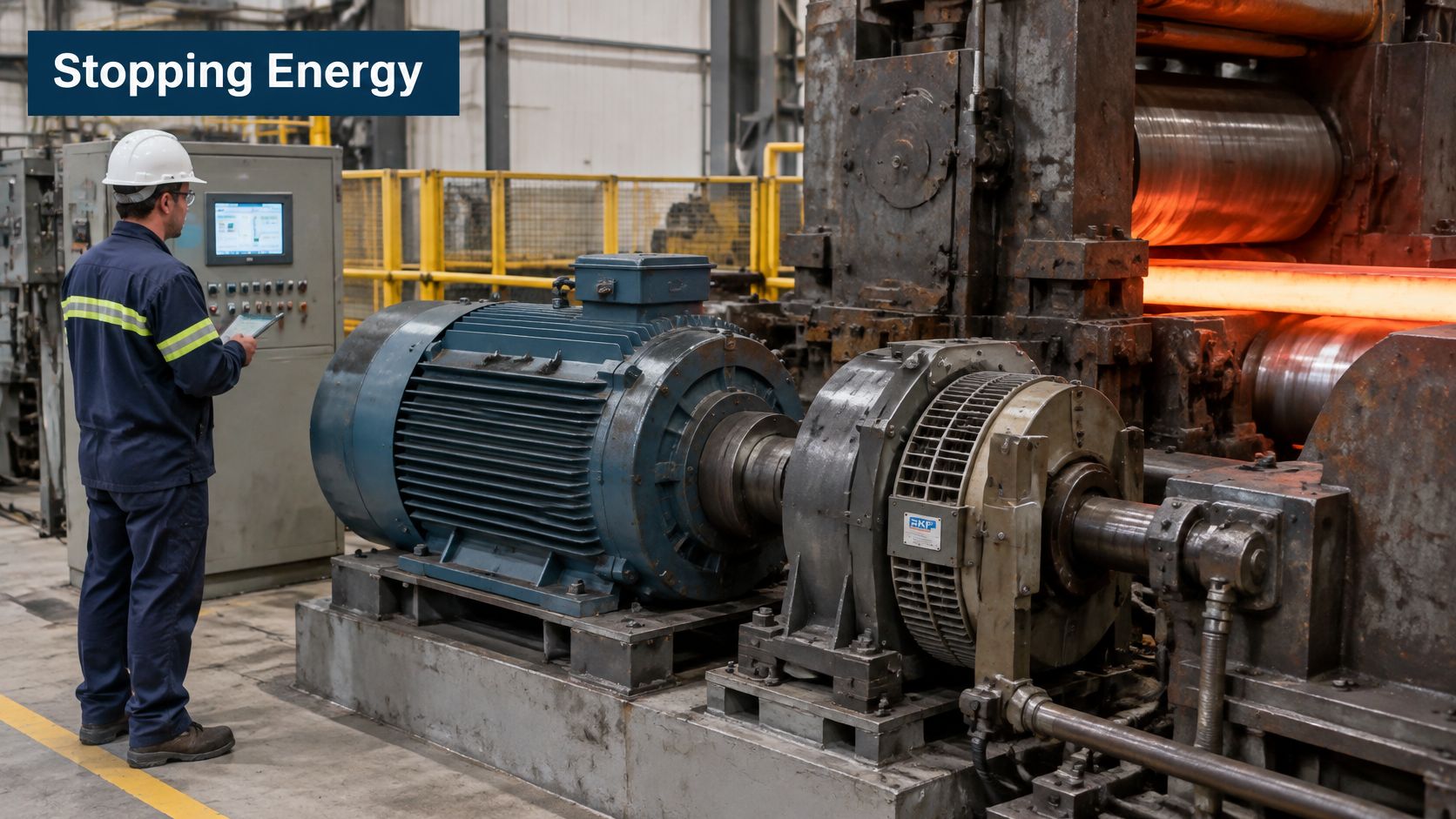 A technician wearing a hard hat monitors a large industrial variable speed drive DC motor in a factory.