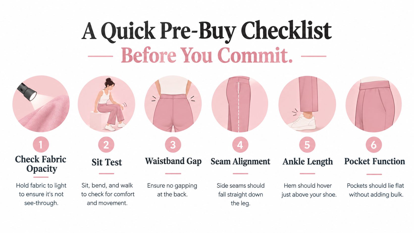 A six-step checklist illustration for checking the quality and fit of women's trousers before purchasing.