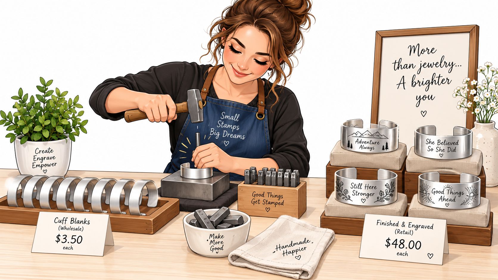 A woman crafting handmade metal cuff bracelets at a wooden table in her small business workshop.