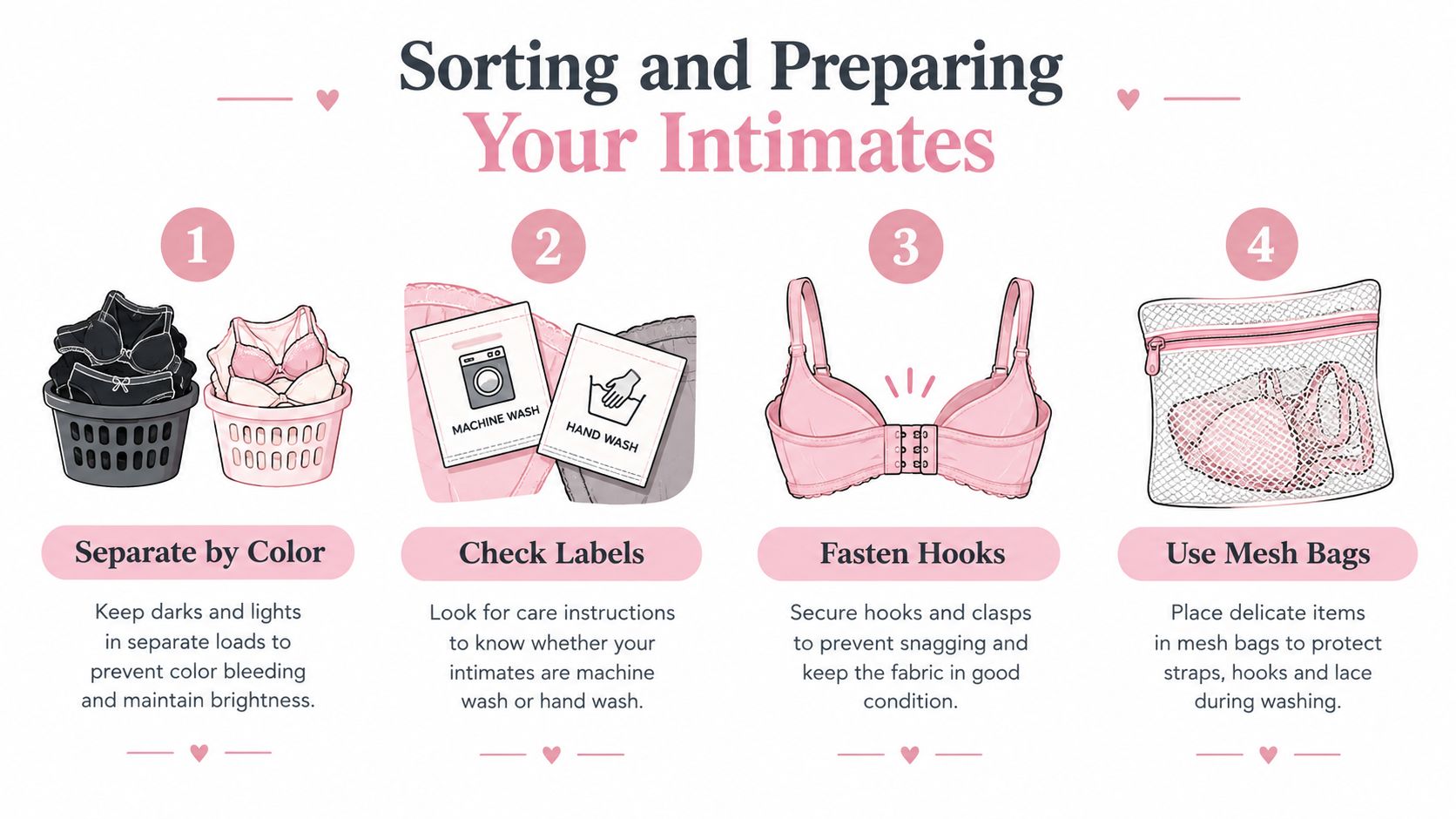 An infographic titled Sorting and Preparing Your Intimates, illustrating four simple steps for washing delicate laundry items safely.