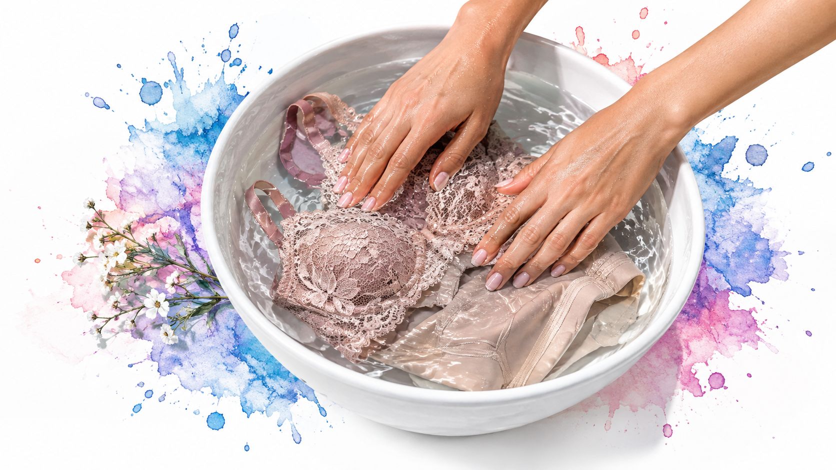 A pair of hands gently washing delicate lace lingerie in a white basin with water and flowers.