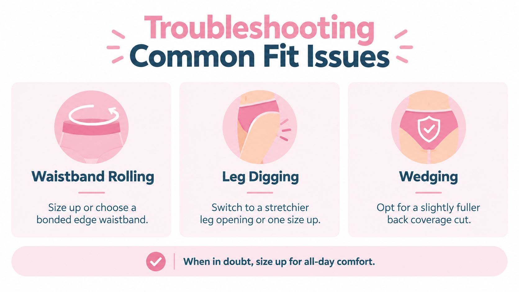A helpful graphic titled Troubleshooting Common Fit Issues, providing solutions for waistband rolling, leg digging, and wedging.