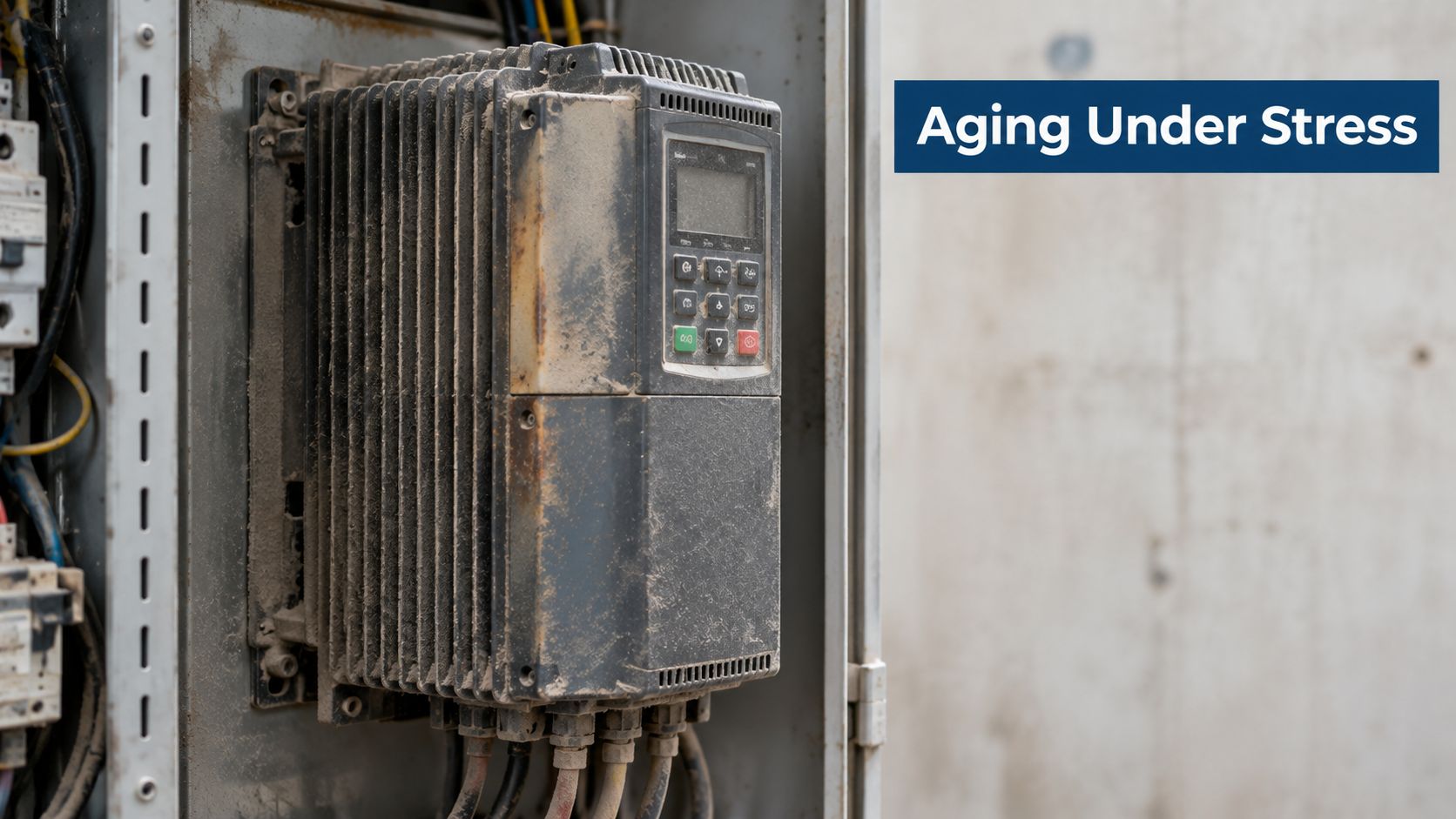 A dirty and weathered industrial variable frequency drive mounted in an electrical control cabinet panel.