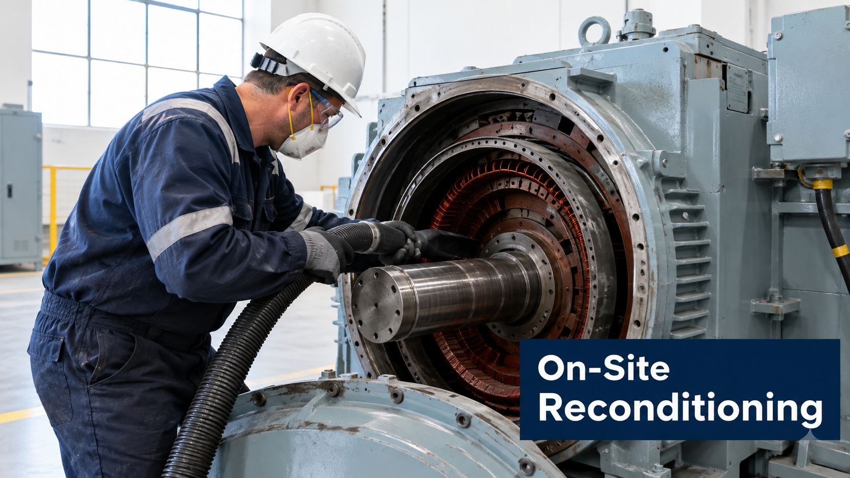 A technician wearing safety gear cleaning industrial electrical motor components with a vacuum hose on site.