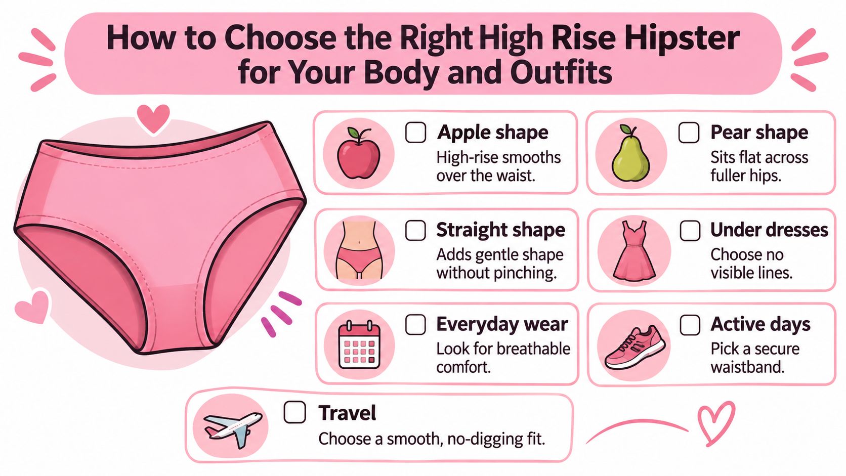 An infographic titled How to Choose the Right High Rise Hipster for Your Body and Outfits.