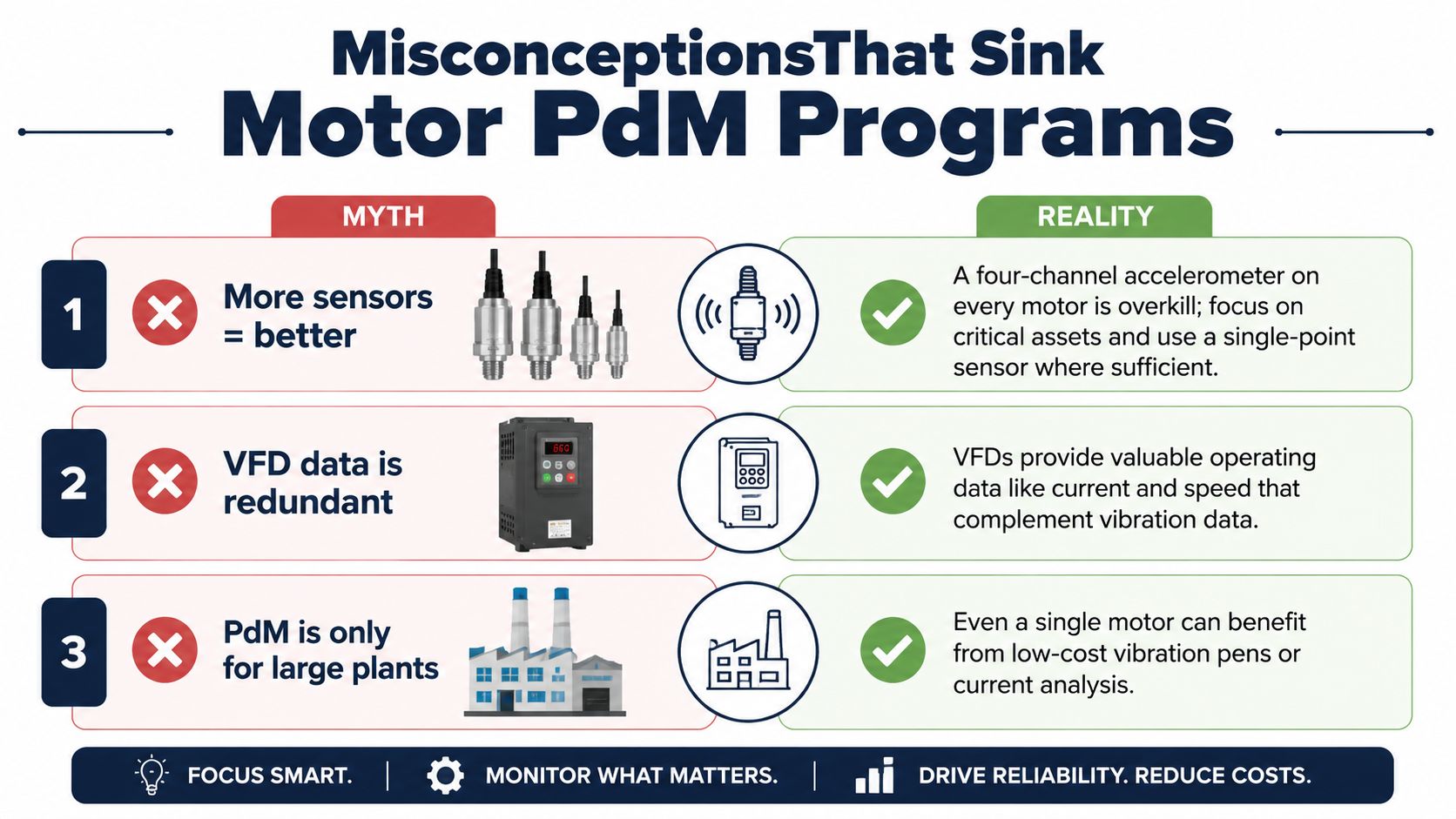 An infographic showing three common misconceptions about motor predictive maintenance programs contrasted with industry reality.