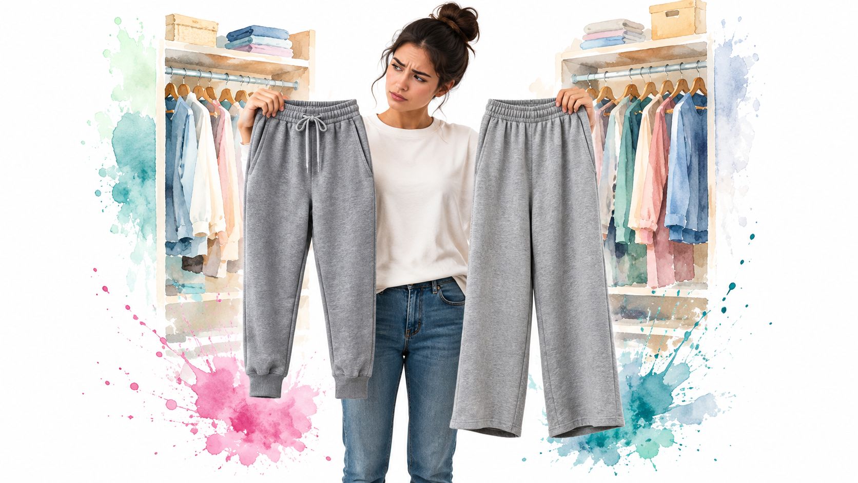 A woman deciding between a pair of grey joggers and wide-leg grey sweatpants in a closet setting.