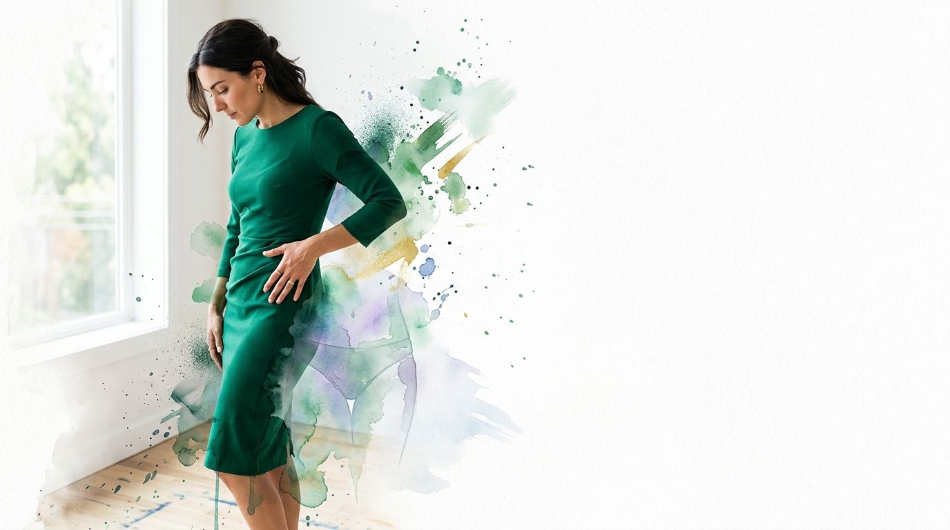 A woman in a green dress with a watercolor effect overlay highlighting her undergarment area.